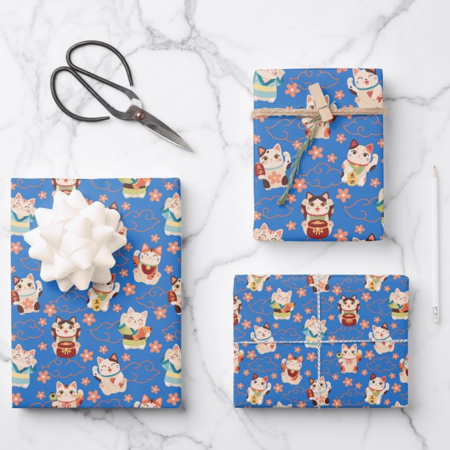 Maneki Neko Lucky Cats Wrapping Paper Set Geschenkpapier Set (Vorderseite)