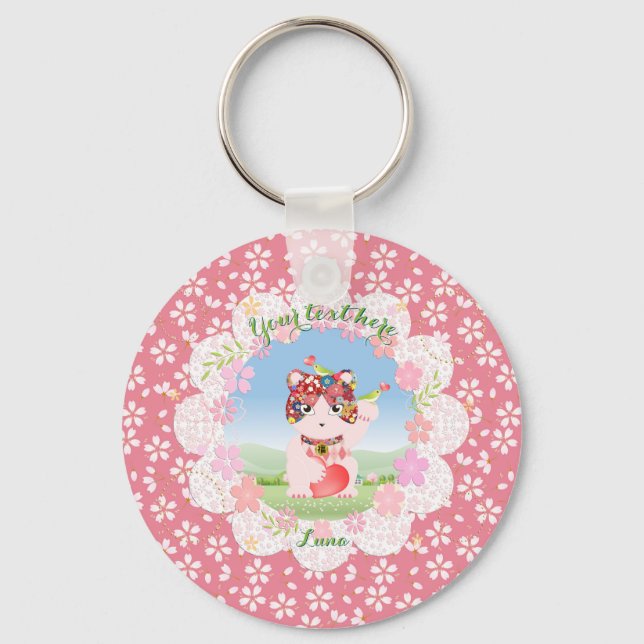 Maneki Neko Lucky Luna Round Schlüsselanhänger (Vorderseite)