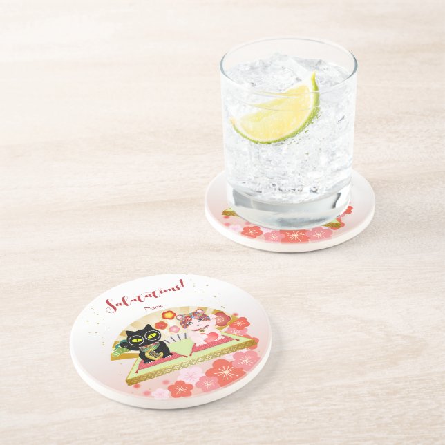 Maneki Neko Lucky Poiluna Sandstone Drink Getränkeuntersetzer (Seite)