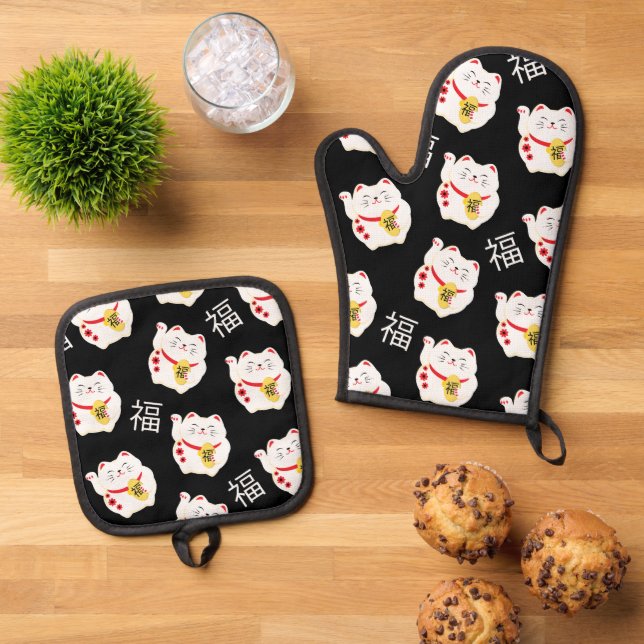 Maneki Neko Niedlich Lucky Cat Ofenhandschuh & Topflappen-Set (Oben Unten)