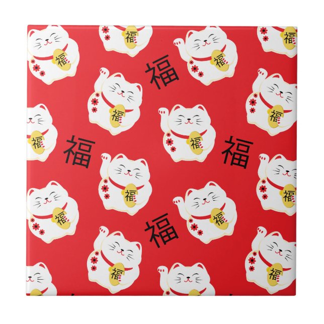 Maneki Neko Niedlich Lucky Cat Rot und Weiß Fliese (Vorderseite)