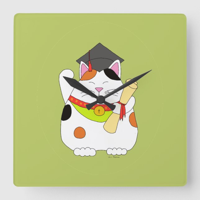 Maneki-Neko-Skala Quadratische Wanduhr (Vorderseite)