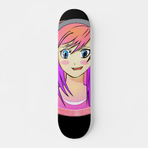 Manga Girl, pink hair, blue eyes, blush frame Skateboard