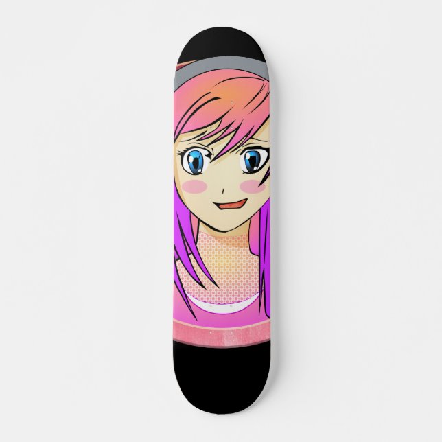 Manga Girl, pink hair, blue eyes, blush frame Skateboard (Vorne)