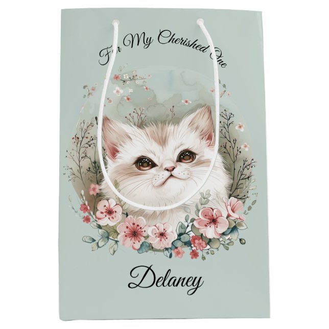 Manga Kitten & Sakura Blume Cat Lovers Geschenktas Mittlere Geschenktüte (Vorderseite)
