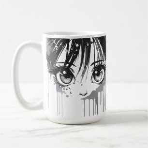 Manga-Mädchen mit farbgetränktem Blick Kaffeetasse