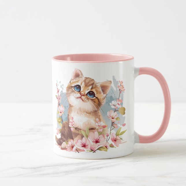 Manga Niedlich Kitten & Sakura Blume Katze Mama Ge Tasse (Rechts)