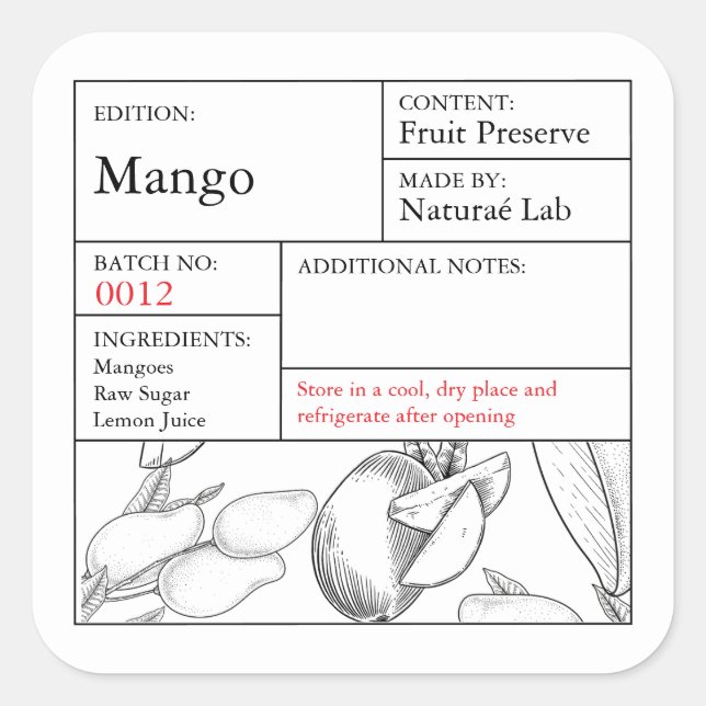Mango-Etikett Quadratischer Aufkleber (Vorderseite)