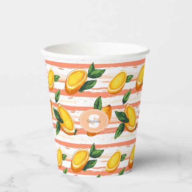 Mango Fruit Muster mit grünen Blätter Pappbecher (Vorderseite)