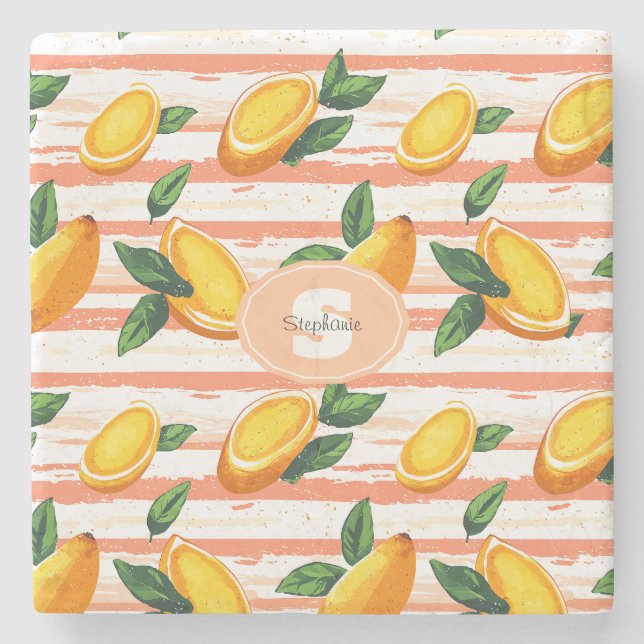 Mango Fruit Muster mit grünen Blätter Steinuntersetzer (Vorderseite)