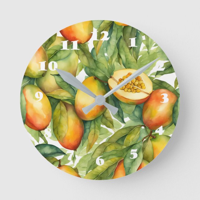 Mangofrüchte und Blätter  Runde Wanduhr (Vorderseite)