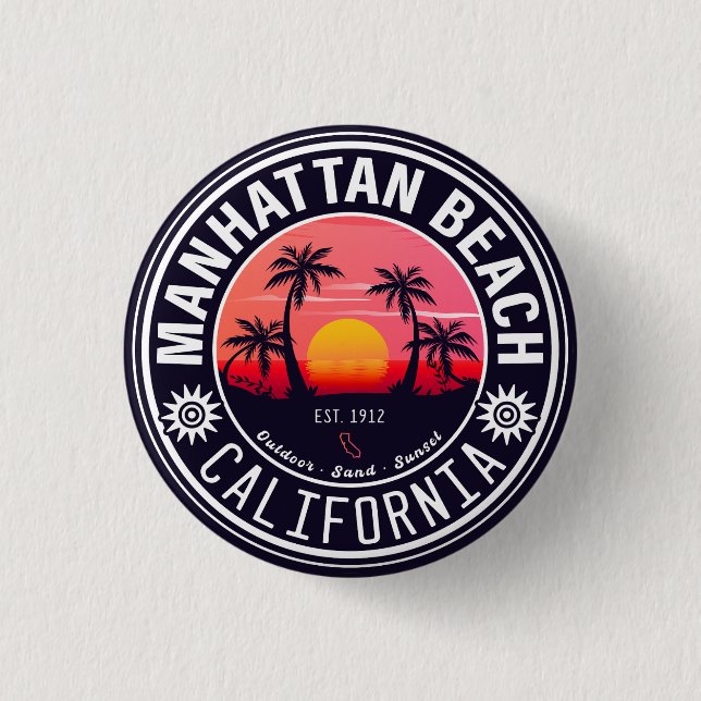 Manhattan Beach Ca Retro Sunset Palm Trees 60er Button (Vorderseite)