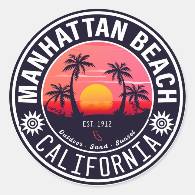 Manhattan Beach California Retro Sunset Souvenirs Runder Aufkleber (Vorderseite)