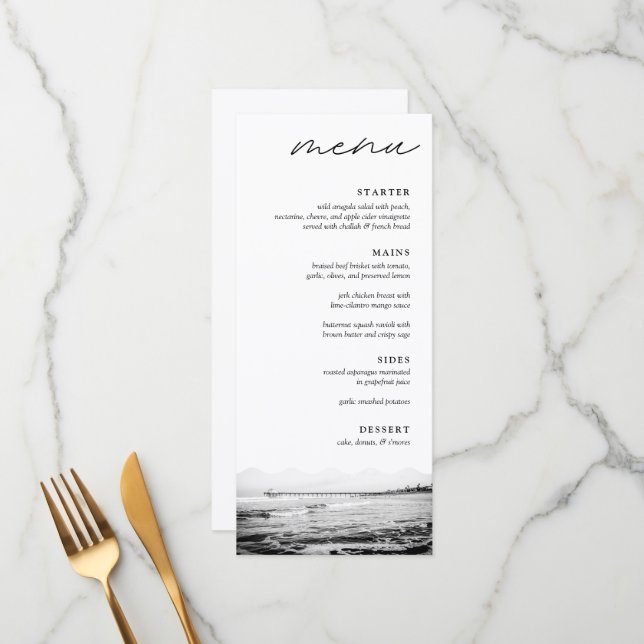 Manhattan Beach Pier Black & White Wedding Dinner Menükarte (Vorderseite/Rückseite Beispiel)