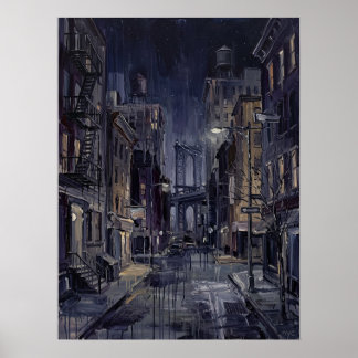 Manhattan Bridge bei Nacht mit nasser Straße Poster