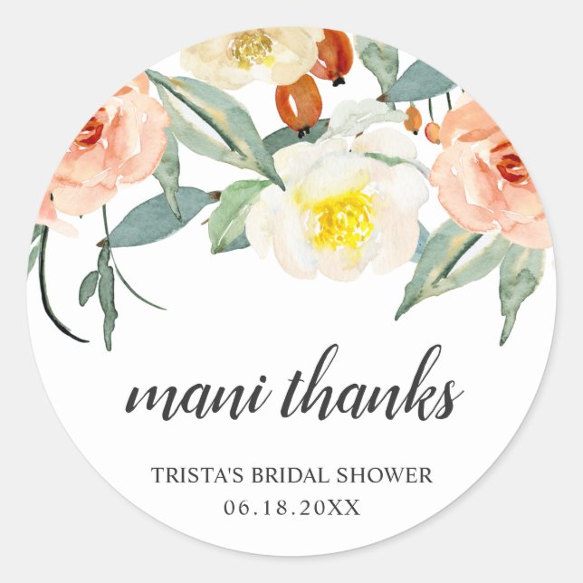 Mani Danke Peach Floral Brautparty Bevorzugung Runder Aufkleber (Vorderseite)