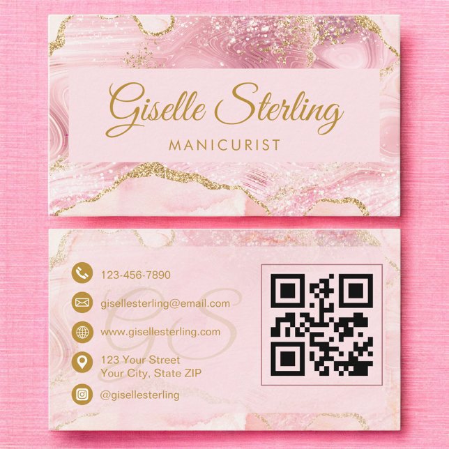 Manicurist Blush Pink Gold Agate QR Code Visitenkarte (Von Creator hochgeladen)