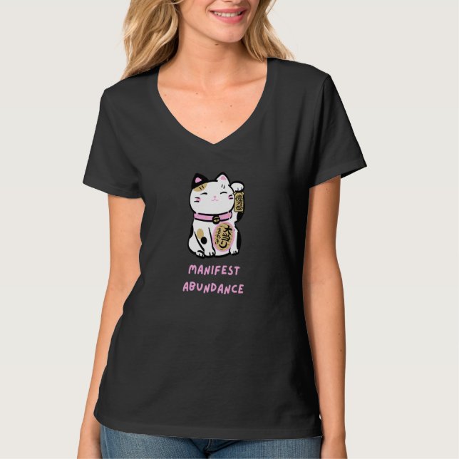 Manifest Abundance Lucky Cat Manifestation Pink   T-Shirt (Vorderseite)