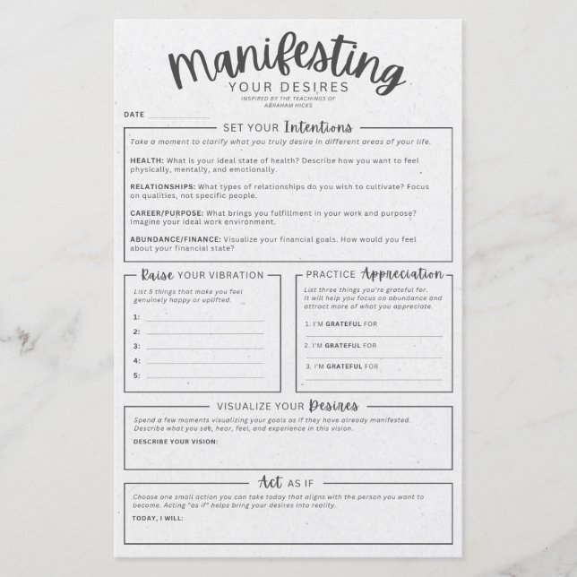 Manifestations-Arbeitsblatt - Absichten Visualisie (Vorderseite)