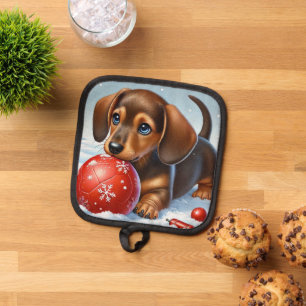 Manique Adorable Chiot Dachshund Jouant Avec Boule Rouge