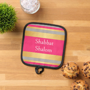 Manique Bandes dorées grises et rose chaud, Shabbat Shalom