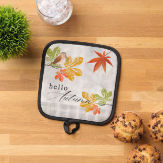 Manique Bonjour automne avec les feuilles d'oiseaux et d'a