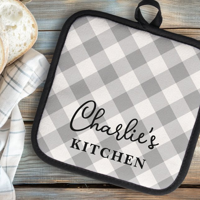 Manique Chèques blancs gris plaid moderne nom cuisine (Modern plaid gray white checkers name's kitchen pot holder)