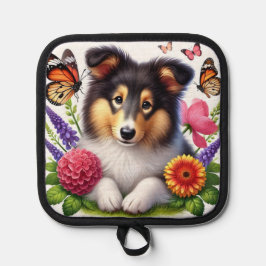 Manique Chien-mouton Shetland avec fleurs et papillons
