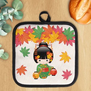 Manique Chute Poupée Kokeshi - Green Kimono Geisha Girl