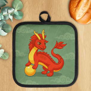 Manique Dragon Chinois Rouge sur Fond Vert