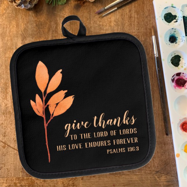 Manique Elégante aquarelle originale moderne Thanksgiving (Thanksgiving hot pad. Give Thanks Bible verse custom text.  Modern original orange watercolor leaf.)