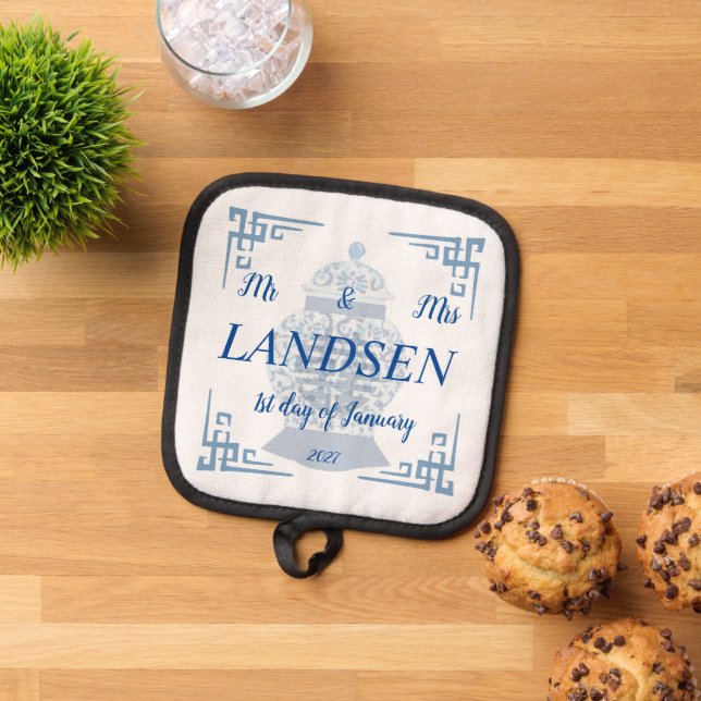 Manique Mariage personnalisé Bleu et Blanc Ginger Jar (De haut en bas)