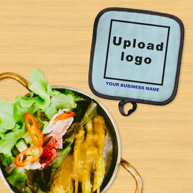 Manique Nom de l'entreprise et logo sur le porte-pot bleu  (Business name and logo on light blue pot holder)