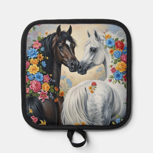 Manique Porte-pot encadré de chevaux dans des fleurs (Recto)