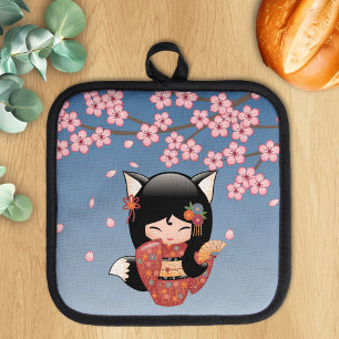 Manique Poupée Kitsune Kokeshi - Black Fox Geisha Girl