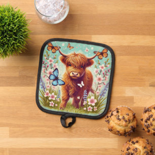 Manique Vache Highland avec papillons et fleurs printanièr