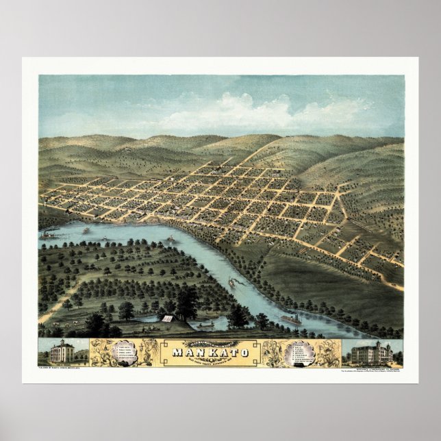 Mankato, MN Panorama Karte - 1870 Poster (Vorne)