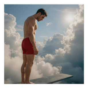 Mann auf einem Sprungbrett in den Wolken Poster