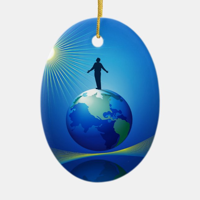 Mann auf Globe Keramik Ornament (Vorne)