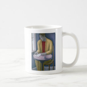 Mann, der 2004 schreibt kaffeetasse