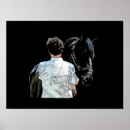 Mann, der ein schwarzes Pferd hält Poster