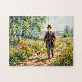 Mann, der Feldweg mit Cavalier Spaniel entlangläuf