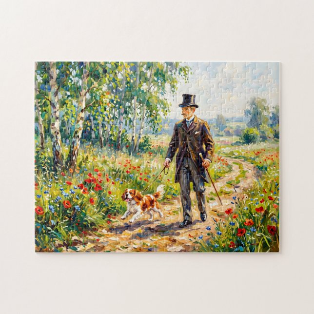 Mann, der Feldweg mit Cavalier Spaniel entlangläuf (Horizontal)