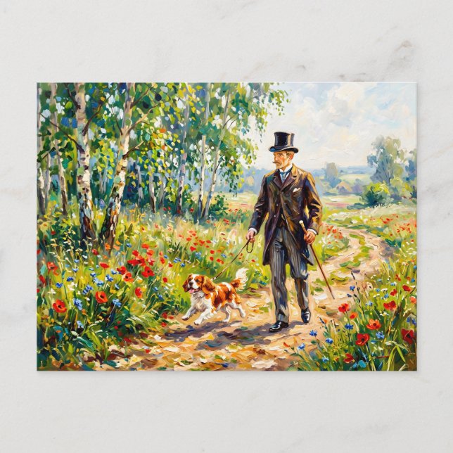 Mann, der Feldweg mit Cavalier Spaniel entlangläuf Postkarte (Vorderseite)