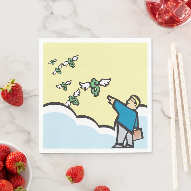 Mann, der mit Flügeln auf Geld zeigt Serviette (Von Creator hochgeladen)