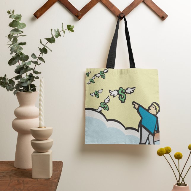 Mann, der mit Flügeln auf Geld zeigt Tasche (Von Creator hochgeladen)