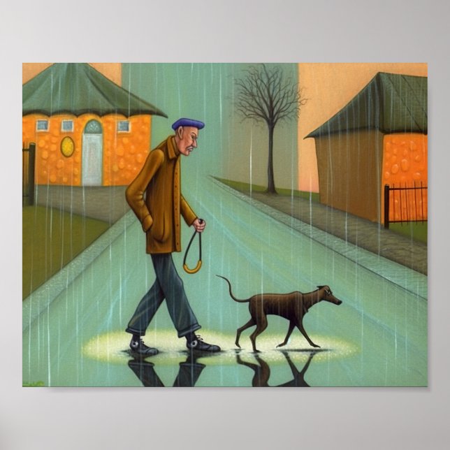 Mann, der zu Fuß Hund in Regen geht Poster (Vorne)