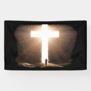 Mann, der zu glühendem Christlichen Kreuz Jesu f Banner