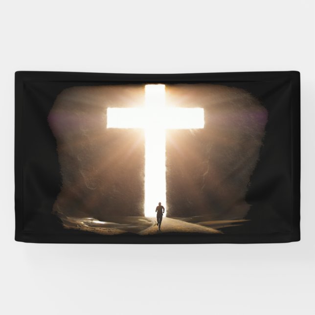 Mann, der zu glühendem Christlichen Kreuz Jesu füh Banner (Horizontal)