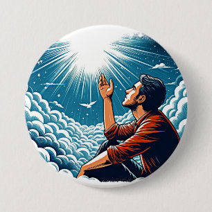 Mann, der zum Himmel aufblickt und mit GOTT sprich Button